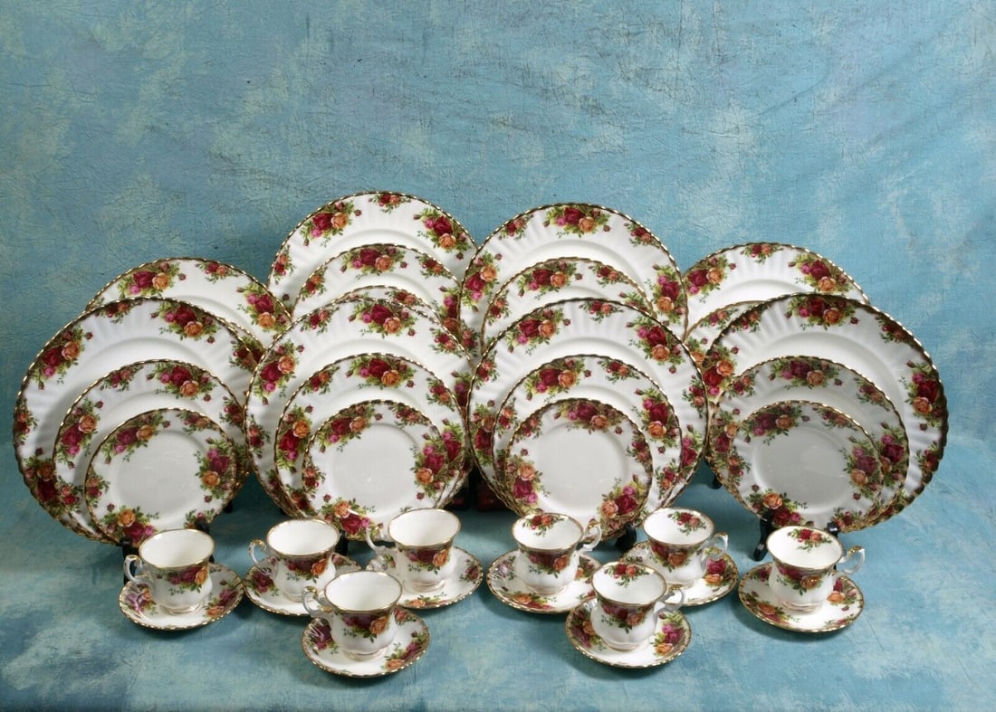 Royal Albert Old Country Roses Dinner Set Plate Salad Cup England FIRST EDITION: This is a gorgeous Bone China Dinner Service for 8 people with coffee/teacups. The set is from the renowned Royal Albert Old Country Roses collection - Made in England. The set is properly marked with