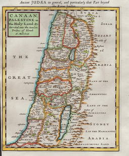 Scarce 1701 Herman Moll map of Palestine (1st ed.): â€œCanaan, Palestine or the Holy Land &c divided into twelve Tribes of Israel,” from Herman Mollâ€™s â€œA System of Geography,” published 1701. Many place names and individual