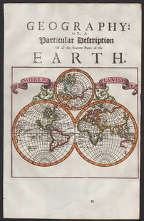 Scarce 1st ed. map of the world from Moll’s System of Geography, 1701: Extremely attractive and scarce double-hemisphere map with title in decorative banner. An original copperplate engraved first edition map from Herman Moll's first solo publication, “A System of