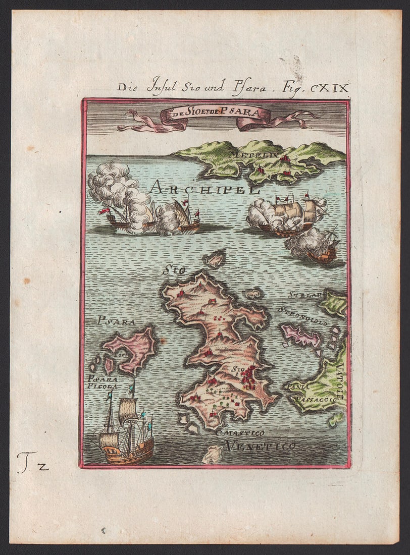 1685 map of Aegean Sea islands by Alain Mallet: Authentic vintage map of the islands of Psara, Sio, Stelari, and Strongiolo in the Aegean Sea by Alain Mallet. Map is from his Description de Lâ€™Univers published in 1685, Frankfurt by Johann Da