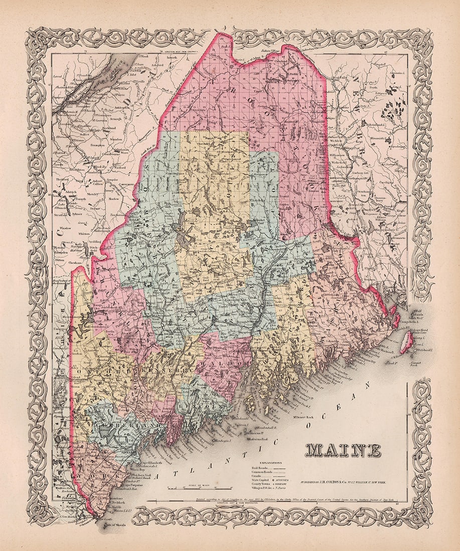 Large format map of Maine â€“ Colton 1853: Impressive hand colored map of Maine from an early Colton atlas. With 1853 copyright date, and from the 1856 edition of Coltonâ€™s General Atlas. A wonderful find. Tiniest bit of toning to extrem
