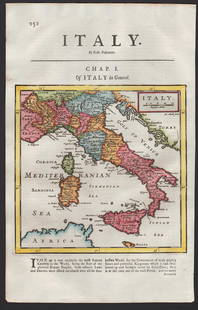 Scarce and fine 1701 1st ed. map of Italy by Herman Moll: Excellent example of Mollâ€™s 1701 map of Italy from the first edition of â€œA System of Geography.” A very scarce map with expertly applied modern full hand coloring according to polit