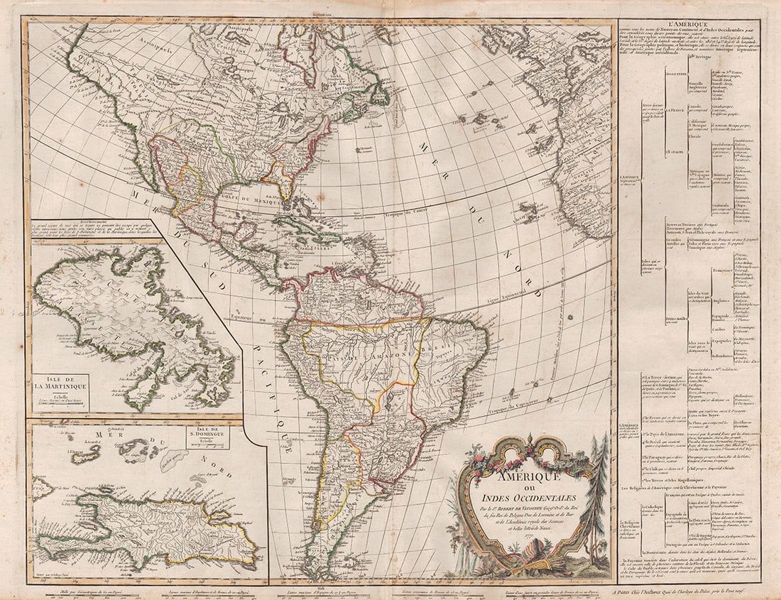 1771 Vaugondy â€œAmerique ou Indes Occidentalesâ€: The scarce second issue of Robert De Vaugondyâ€™s excellent 18th-century depiction of North and South America. The second issue is similar to the first but has more details of the Northwest Coast