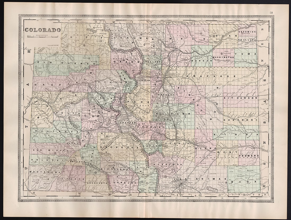 1894 hand-colored RR map of Colorado: Lovely and informative, hand colored steel plate engraved railroad map of Colorado by William Bradley in 1894. From the Potter-Bradley atlas, a scarce atlas that appears to have had only one edition.