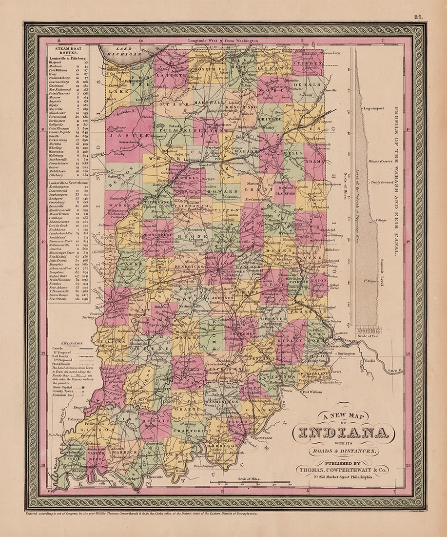 1850 RR map of Indiana showing Kankakee Swamp: Detailed map of Indiana in 1850 with railroads highlighted in red and canals in blue. Also shows common roads, towns, rivers, lakes and the Grand Kankakee Swamp, once the largest inland wetlands in th