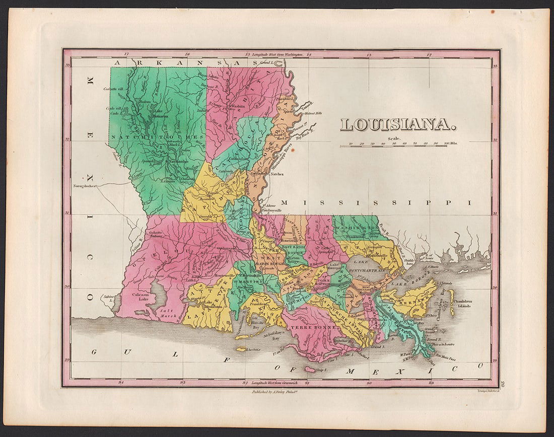 Lovely and scarce map of Louisiana, Finley 1833 (1 of 4)