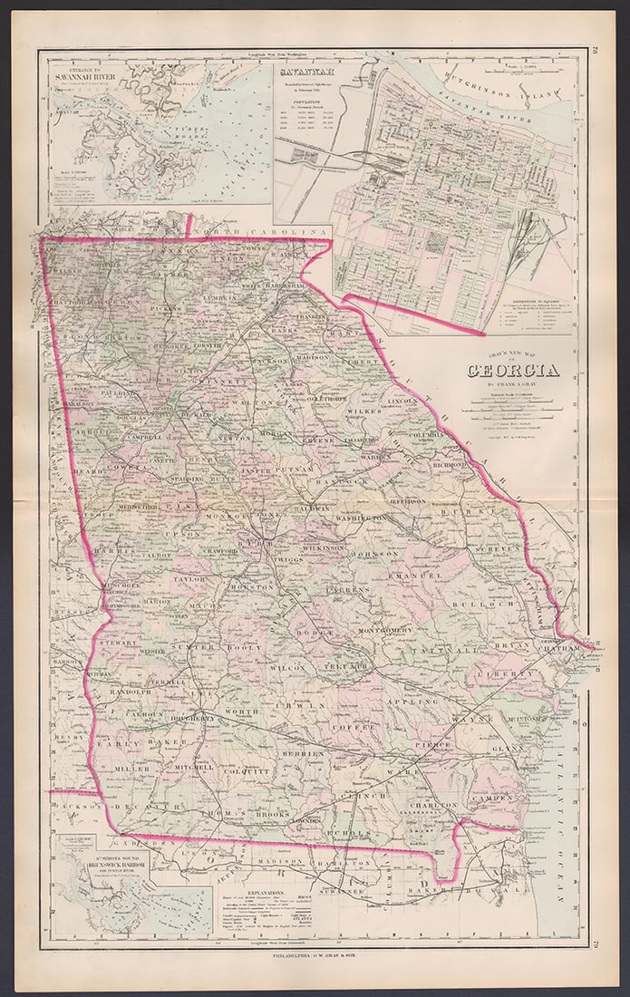 Most impressive RR map of Georgia from scarce atlas: Grayâ€™s New Map of Georgia by Frank A. Gray with a copyright date of 1877 by O. W. Gray. This very impressive and scarce map is from Grayâ€™s very scarce 1884 National Atlas. It is a 