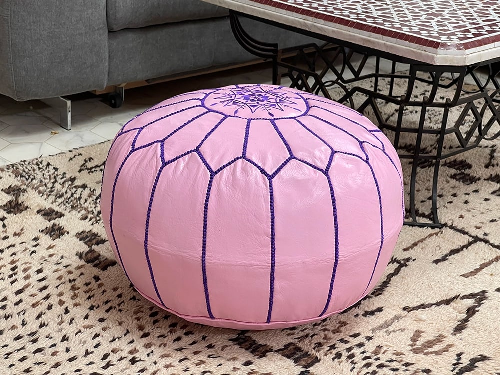 Pink Glamour - Pouf: Title: Pink Glamour - Pouf Date/Period: unknown Origin: MOROCCO Materials: leather Size: 21″ in x 13″ in Description: Morrocan Pouf is an exceptional work of art that brings a touch of exo