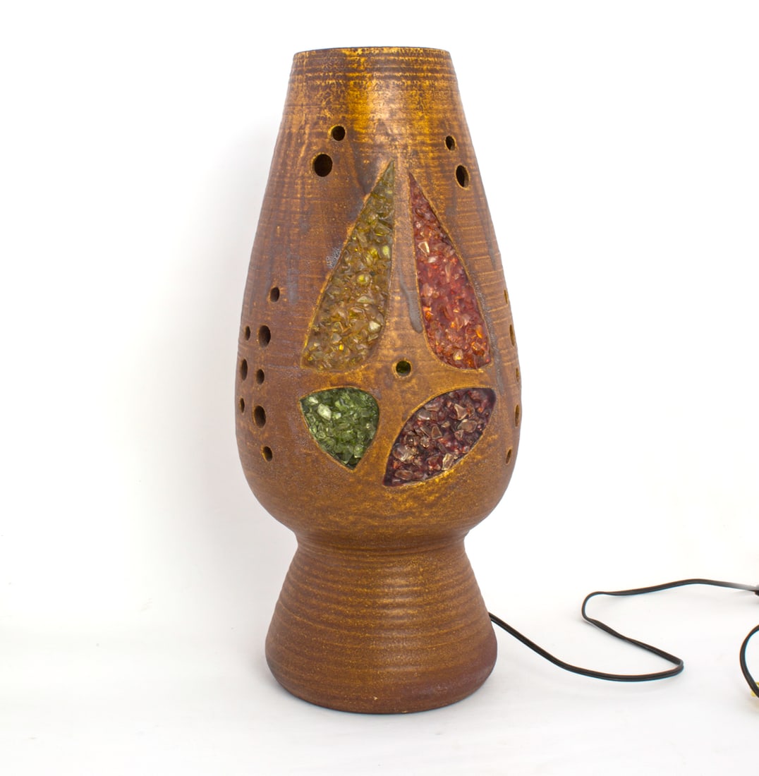 Mid-Century French Pottery, ACCOLAY Ceramic VALLAURIS KOSTANDA Table Lamp: Interesting large mid-century pottery from France. In Accolay, a group of artists, similar to the Vallauris group made famous by Picasso were experimenting to produce artistic pieces for everyday use.
