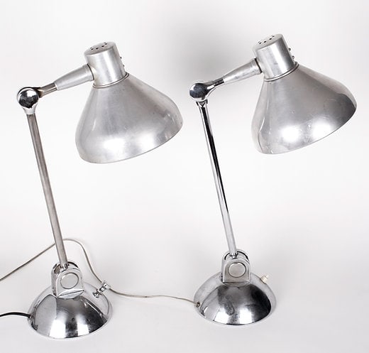 Pair of JUMO MODERNIST task lamp, Mid-Century: Pair of Jumo lights for industrial offices were widely use in France from the 1940's until the 1970's. There are more than 45 models, all of them display an interesting modernist approach with some to