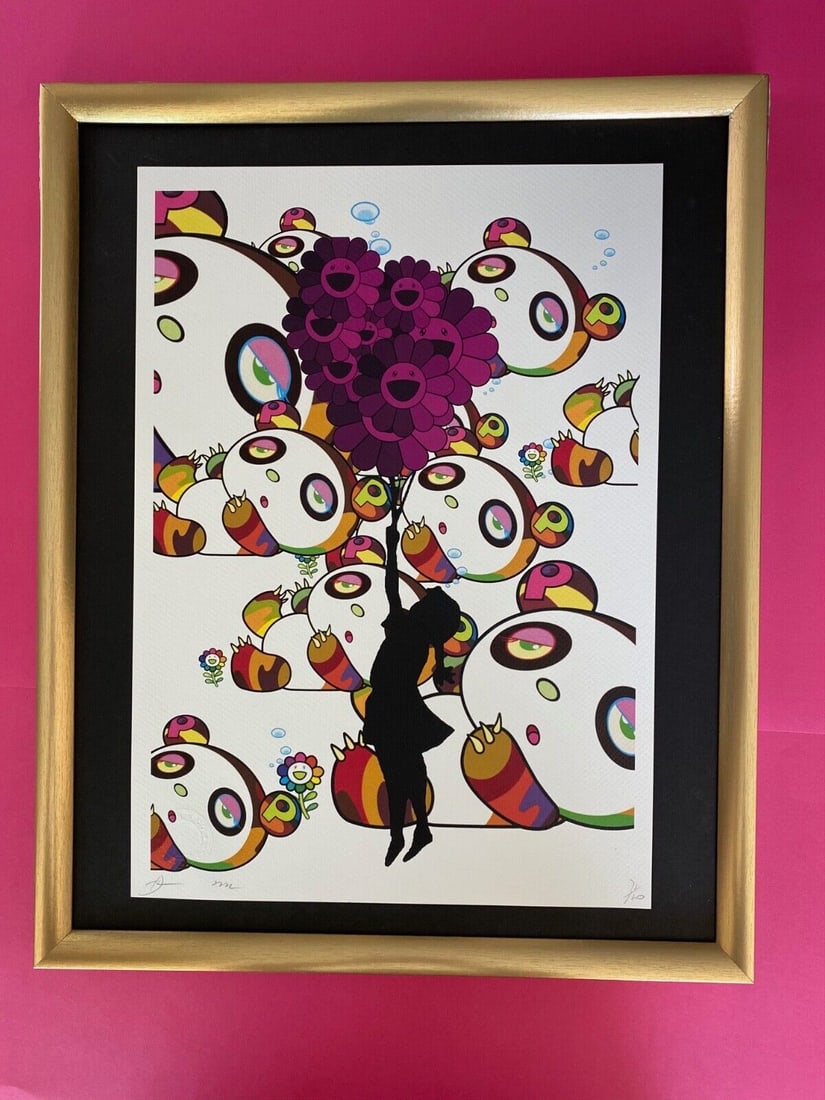 DEATH NYC Hand Signed LARGE Print Framed 16x20in BANKSY GIRL / MURAKAMI HAPPY (1 of 6)