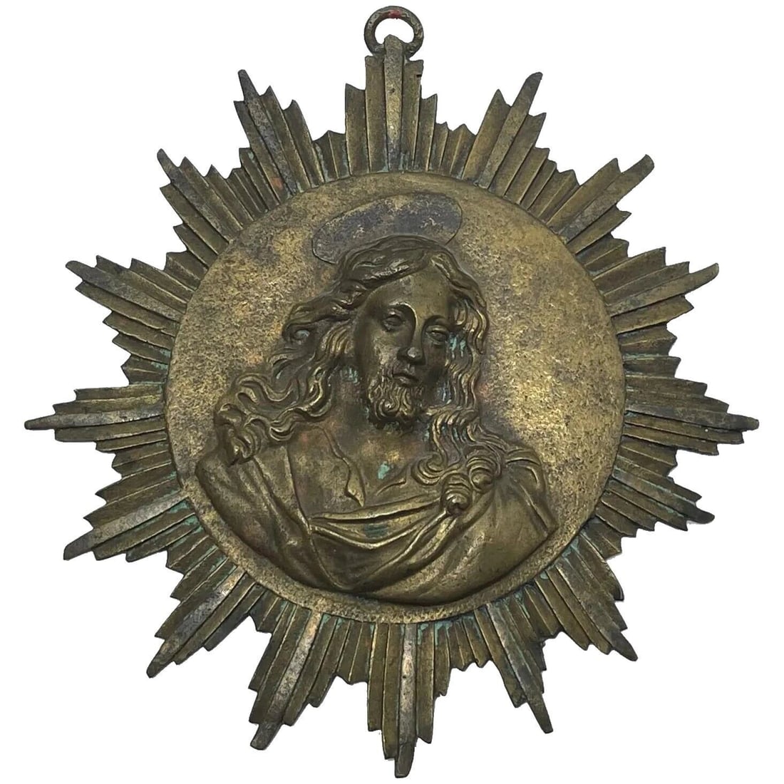 Small French 19th Century Brass Religious Jesus Sunburst Wall Hanging: Small Antique French 19th Century Brass Religious Protection Jesus Son Of God Sunburst Wall Plaque. A Feature that stand out is the beautiful cast detail of Jesus face and hair which is so decorative.