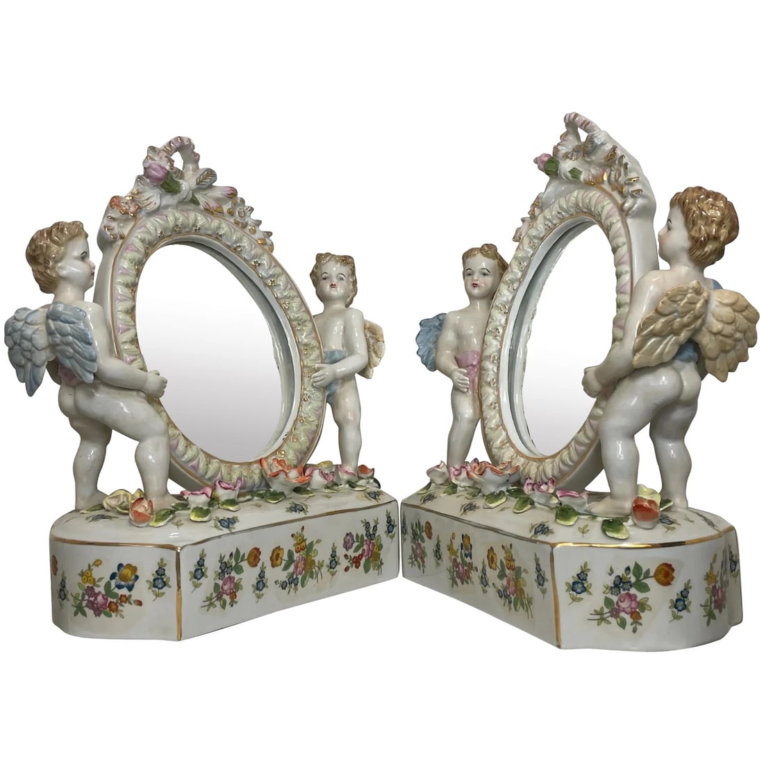 Pair Small Dresden Victorian Style Porcelain Cherub Ornament Table Mirrors: Pair Beautiful Small In The Dresden Victorian Style Porcelain Cherub Putti Freestanding Ornament Table Vanity Mirrors. Handmade of the finest craftsmanship porcelain with glass mirrors. Having exquisi