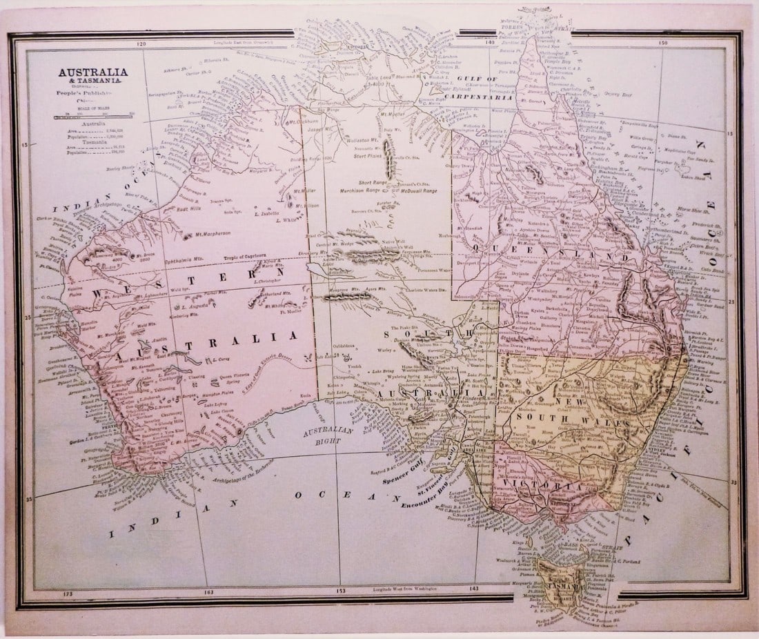 Australia & Tasmania: Title/Content: Australia & Tasmania Date: 1886 Material: paper Dimensions: approx 13.25x 10.75 inches Additional Information: The People's Family Atlas. Reserve: $35.00 Shipping: Domestic: Flat-rate o
