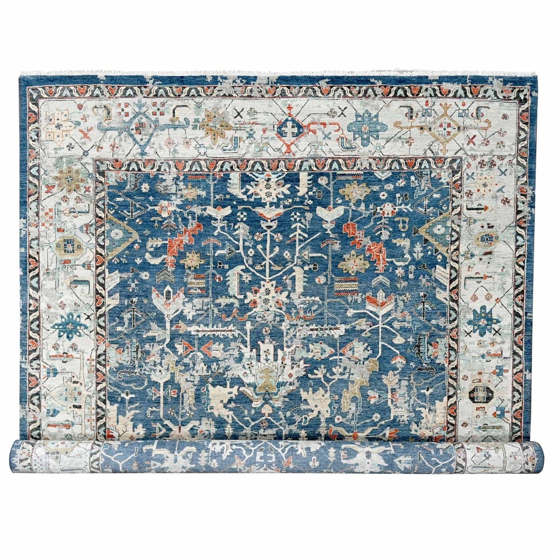 Indigo Dye Blue Heris Design Pure Wool Hand Knotted Oriental Rug (1 of 11)