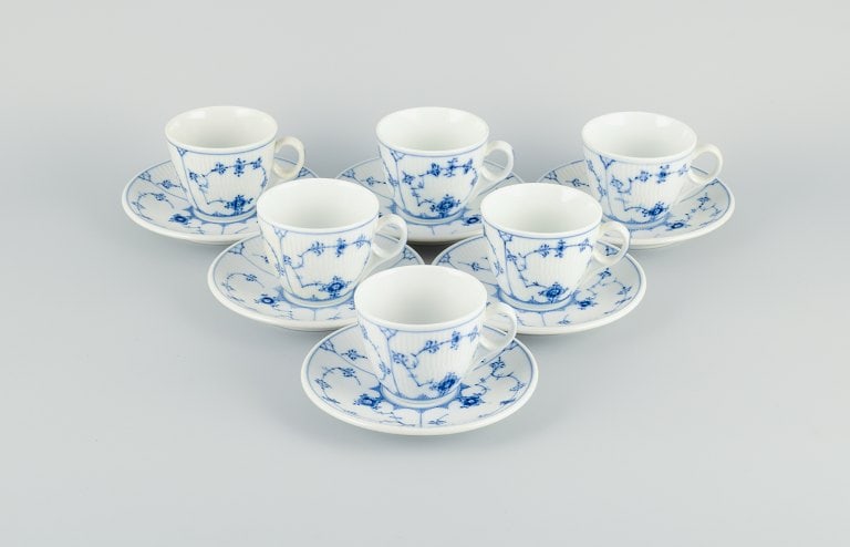 Six sets of Royal Copenhagen Blue Fluted Plain coffee cups and saucers in hand painted porcelain. (1 of 7)