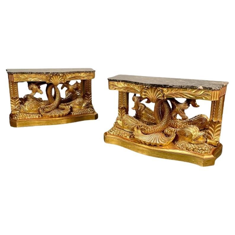Pair of French Wood Carved Dolphin Console Tables, Pier Tables, Giltwood: Title: Pair of French Wood Carved Dolphin Console Tables, Pier Tables, Giltwood Description: Pair of French Wood Carved Dolphin Console Tables, Marble Top, Giltwood, Made in France A Large and Impress