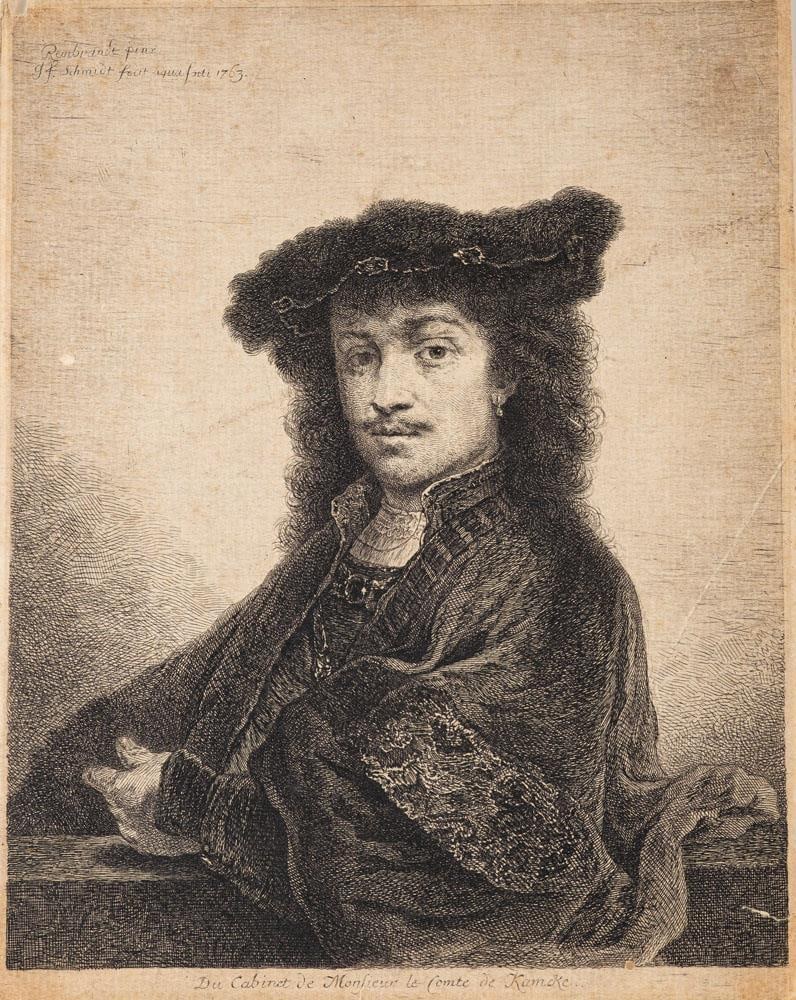 18th Century Engraving after Rembrandt van Rijn Portrait Man in Hat: Title: 18th Century Engraving after Rembrandt van Rijn Portrait Man in Hat Description: Georg Friedrich Schmidt (German, 1712-1775), after Rembrandt van Rijn Portrait of a young man wearing a fur hat