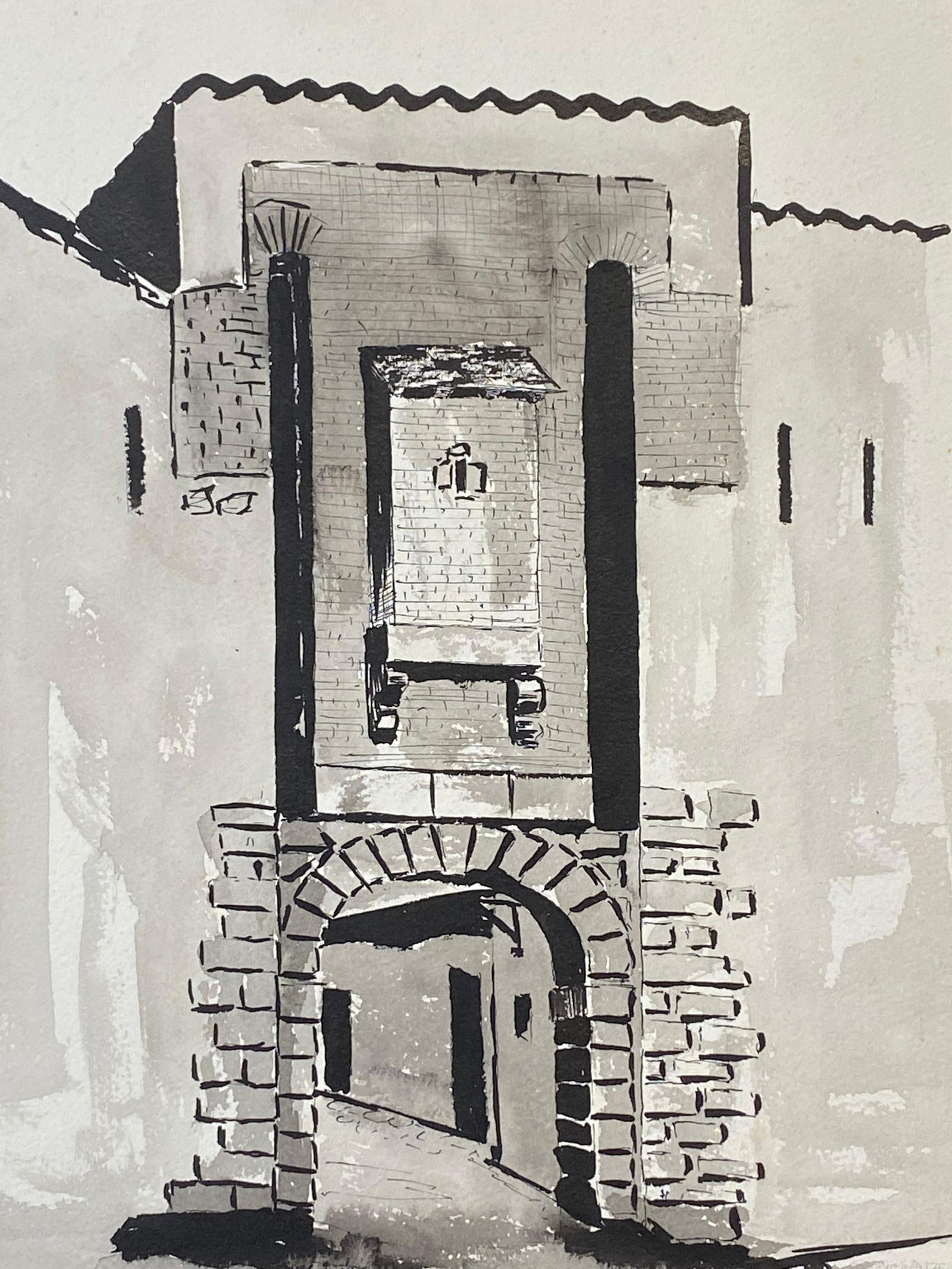 1950''s French Modernist/ Cubist Painting signed - Black & White French Archway 1950''s (1 of 20)