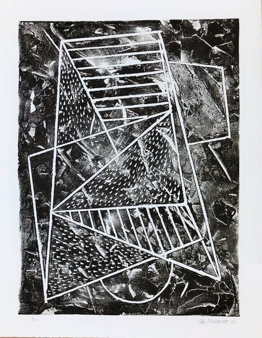 Bernardo Navarro Tomas Cuban collagraph 2021, 27.2 x 21.1 in.: Artist: Bernardo Navarro Tomas (Cuba, 1977) Work Title: Untitled (B/N vertical) Date/Period: 2021 Medium: collagraph Overall Size: 27.2 x 21.1 in. (69 x 53.5 cm.) Reserve: $300.00 Shipping: Domestic: