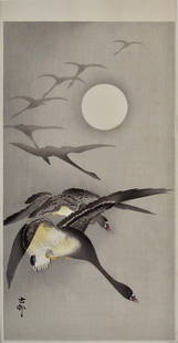 Koson: Ducks Descending and the Moon: Artist: Ohara KOSON (1877-1945) Subject: Ducks Descending and the Moon Publisher: Daikokuya Signature: Koson Date: c. 1910 Format: mitsugiriban, 19 x 36.4 cm Condition: Fine impression, color and cond