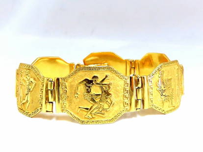 Egyptian Hieroglyphics Statement Cuff Bracelet 18kt Gold: Solid, Durable Flex Link Bracelet Egyptian Hieroglyphics Statement Cuff 7 inch / wearable length 44.3 Grams. 18kt yellow Gold. 18.5mm wide links Secure & Comfortable clasp Free Insured overnight shipp