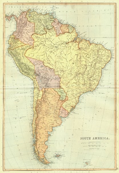 SOUTH AMERICA. Brazil Argentina Chile.Scale = Spanish Leagues.BLACKIE 1893 map (1 of 2)