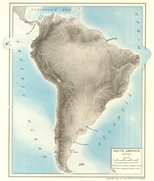 South America (Relief). Rivers Mountains 1907 old antique map plan chart (1 of 2)