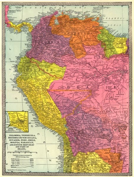 NW SOUTH AMERICA. Colombia Venezuela Ecuador Peru Bolivia Brazil. Lima 1907 map (1 of 2)