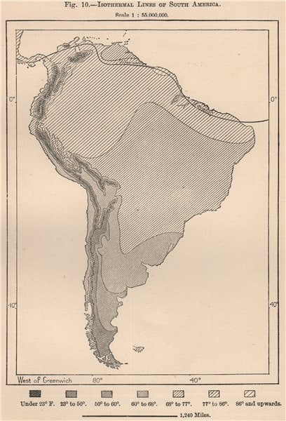 Isothermal lines of South America 1885 old antique vintage map plan chart (1 of 2)