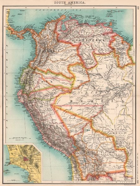 SOUTH AMERICA NW. Venezuela Colombia Ecuador Peru Bolivia. Inset Lima 1901 map: Title: SOUTH AMERICA NW. Venezuela Colombia Ecuador Peru Bolivia. Inset Lima 1901 map Description: South America (Section 1); Inset map of Lima' by John Bartholomew (1901). Antique colour map, 44.0 x 