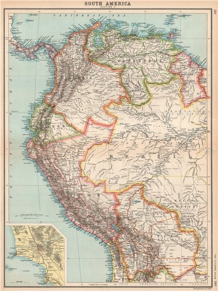 SOUTH AMERICA NW. Venezuela Colombia Ecuador Peru Bolivia. Inset Lima 1912 map: Title: SOUTH AMERICA NW. Venezuela Colombia Ecuador Peru Bolivia. Inset Lima 1912 map Description: South America (Section 1); Inset map of Lima' by John Bartholomew & Co., Edin. (1912). Antique colour