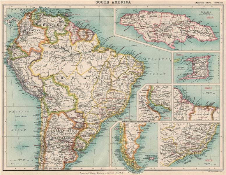SOUTH AMERICA PROTESTANT MISSIONS. Jamaica Trinidad Br. Guiana Brazil 1911 map (1 of 2)