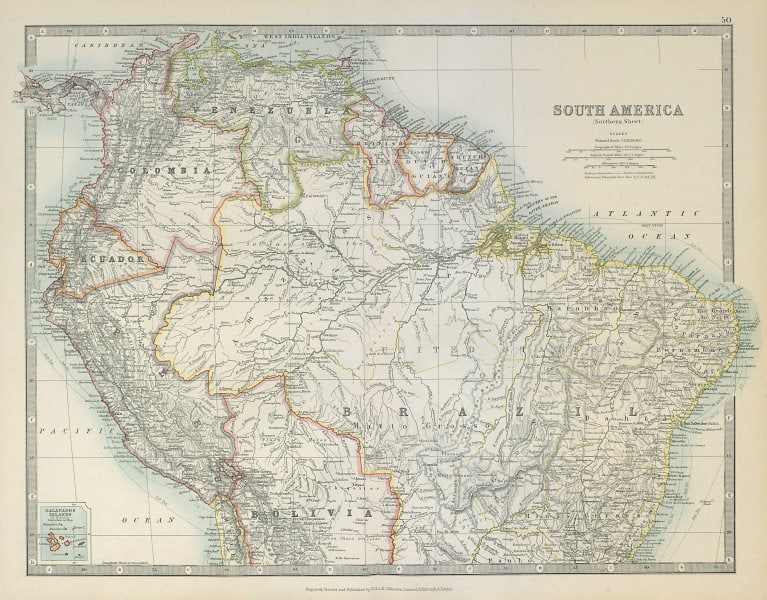 SOUTH AMERICA NORTH. Peru/Ecuador borders as pre 1941 war. JOHNSTON 1915 map (1 of 2)