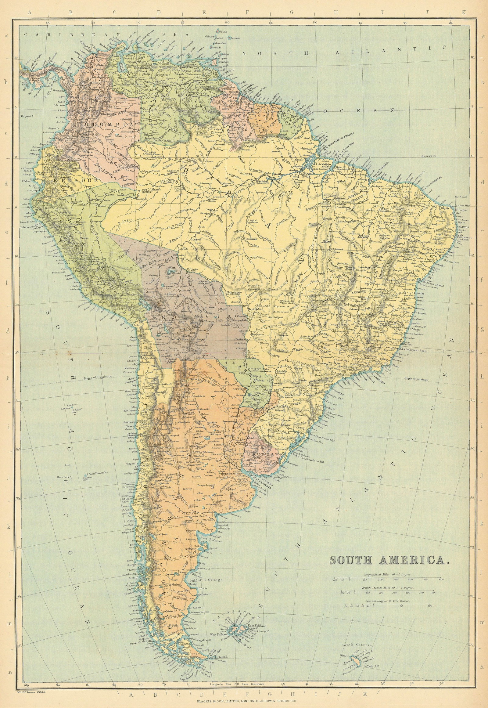 S AMERICA. Patagonia La Plata.Bolivia with Litoral.New Granada/Colombia 1886 map: Title: S AMERICA. Patagonia La Plata.Bolivia with Litoral.New Granada/Colombia 1886 map Description: South America' by Blackie & Son (1886). Antique colour map, 51.0 x 36.0cm, 20 x 14 inches; Please n