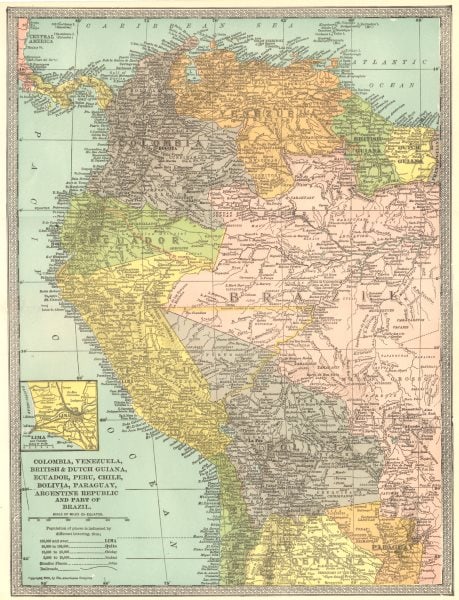 AMAZONIA & ANDEAN STATES Colombia Venezuela Ecuador Peru Bolivia Brazil 1907 map (1 of 2)