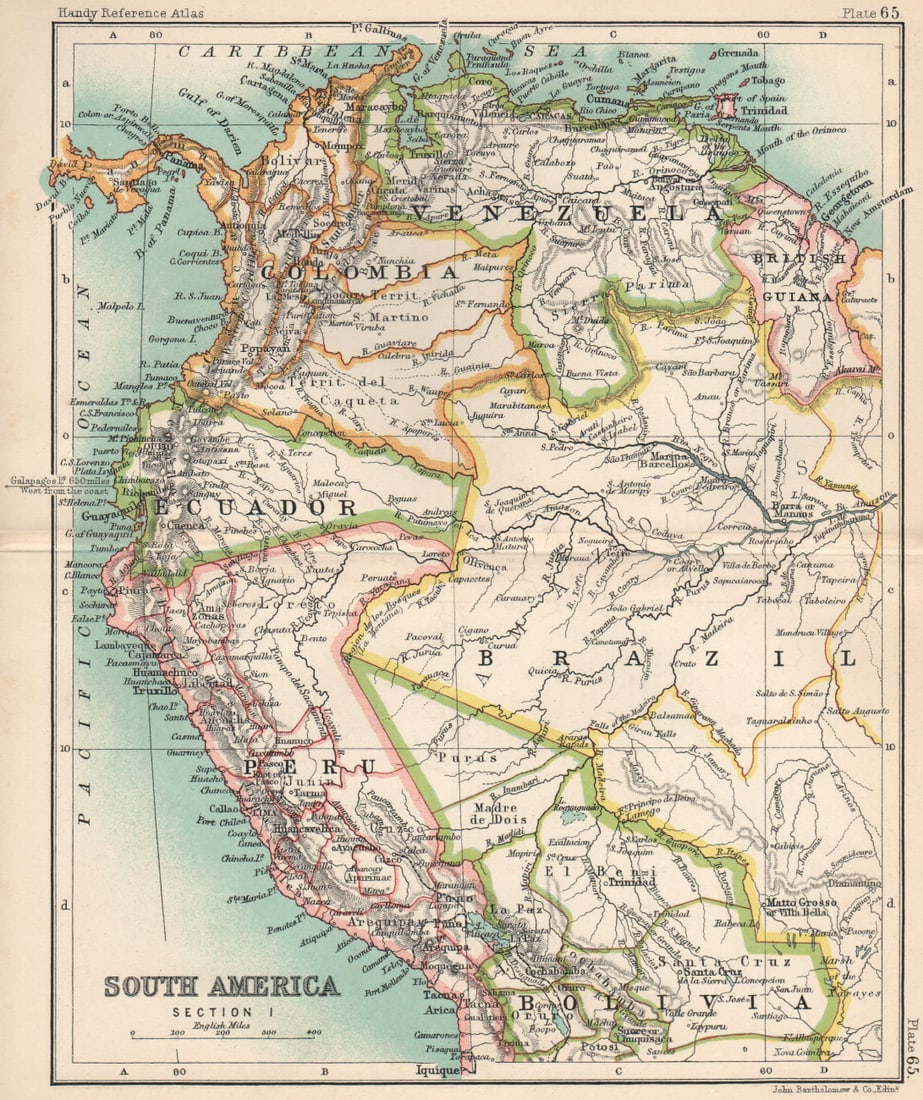 NW South America. Amazonia Ecuador Colombia Venezuela Peru 1904 old map: Title: NW South America. Amazonia Ecuador Colombia Venezuela Peru 1904 old map Description: South America Section 1' by John Bartholomew & Co., Edinburgh (1904). Antique colour map, 20.5 x 17.0cm, 8 x