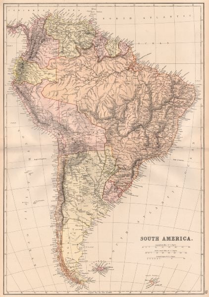 S AMERICA. Patagonia La Plata.Bolivia with Litoral.New Granada/Colombia 1882 map (1 of 2)