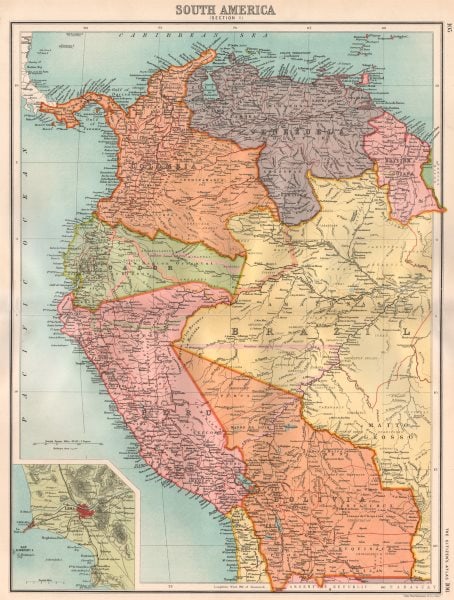 SOUTH AMERICA NW. Shows Colombian & Peruvian claims on Ecuador. Lima 1898 map: Title: SOUTH AMERICA NW. Shows Colombian & Peruvian claims on Ecuador. Lima 1898 map Description: South America (Section 1); Inset maps of Lima' by John Bartholomew (1898). Antique colour map, 43.0 x 