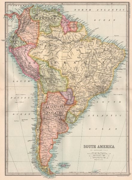 SOUTH AMERICA. general map. BARTHOLOMEW 1890 old antique plan chart (1 of 2)