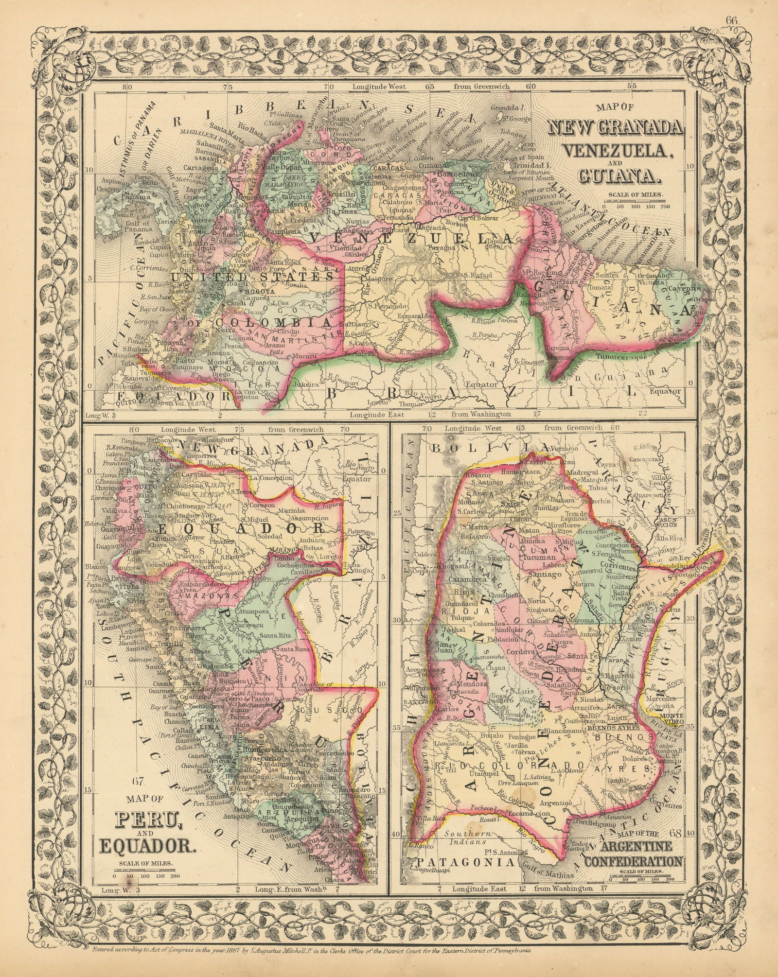 New Granada Venezuela Guiana Peru Equador Argentine Argentina MITCHELL 1869 map: Title: New Granada Venezuela Guiana Peru Equador Argentine Argentina MITCHELL 1869 map Description: Map of New Granada, Venezuela, and Guiana // Map of Peru and Equador // Map of the Argentine Confede
