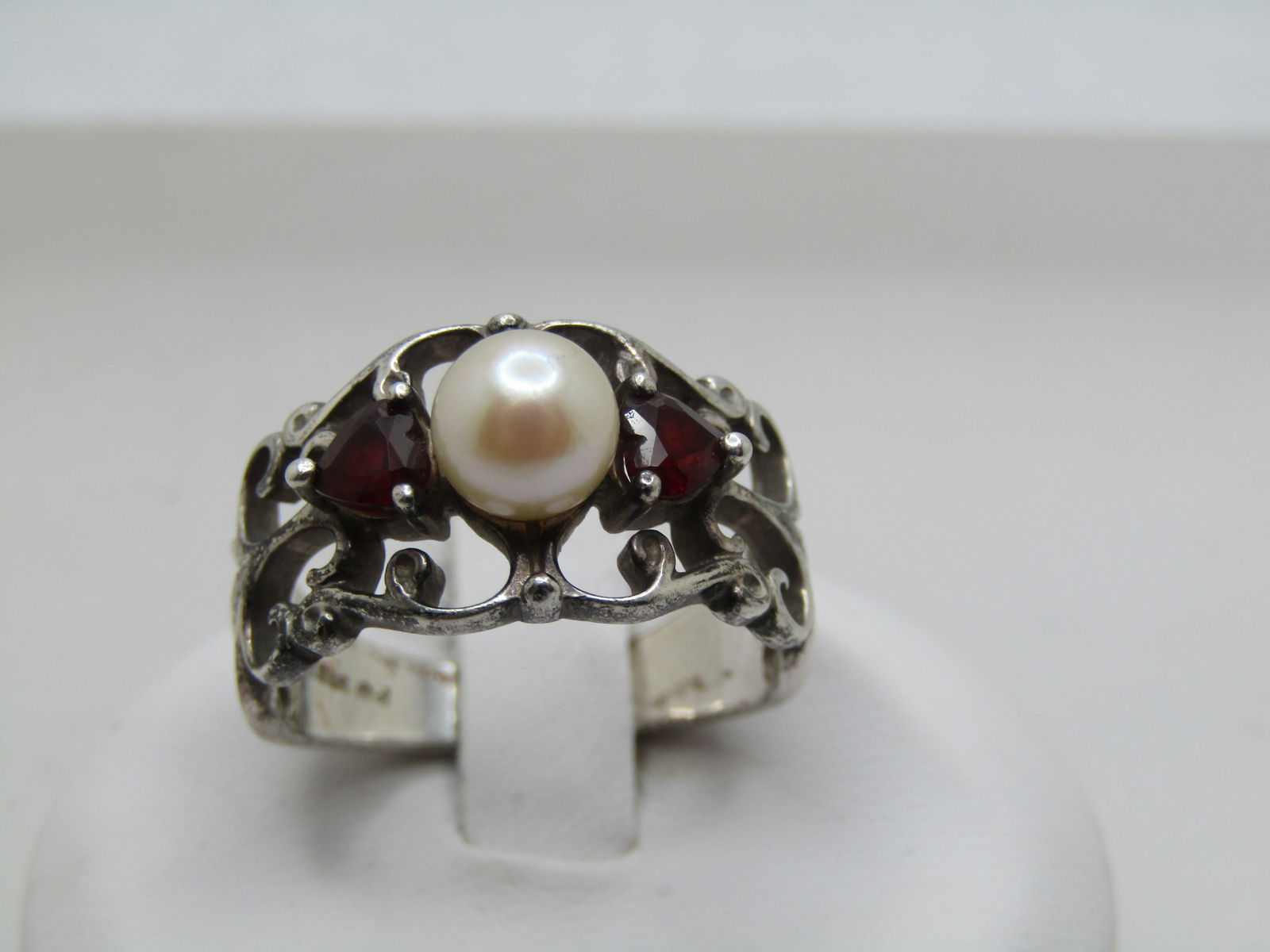 Vintage Sterling Pearl & Heart Tourmaline Band Ring, Sz. 7.25, 1970's-1980's, Signed (1 of 6)
