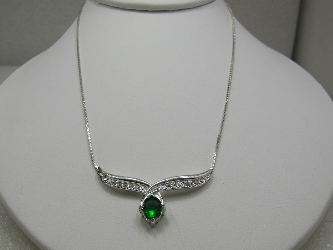 Sivler Tone Simulated Emerald & Clear Stone Choker/Necklace, signed Avon (1 of 6)
