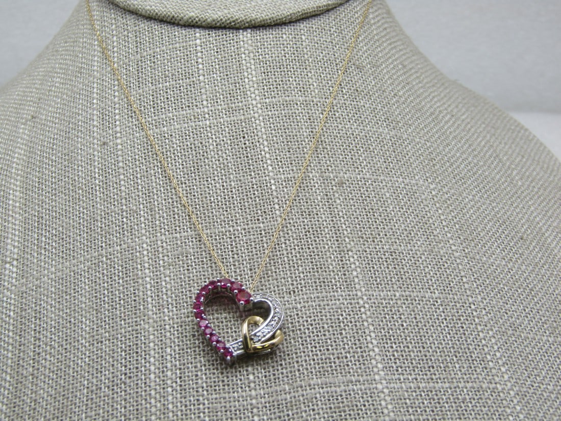 Vintage Sterling & 10kt & 14kt Ruby Diamond Heart Necklace, 20 (1 of 9)