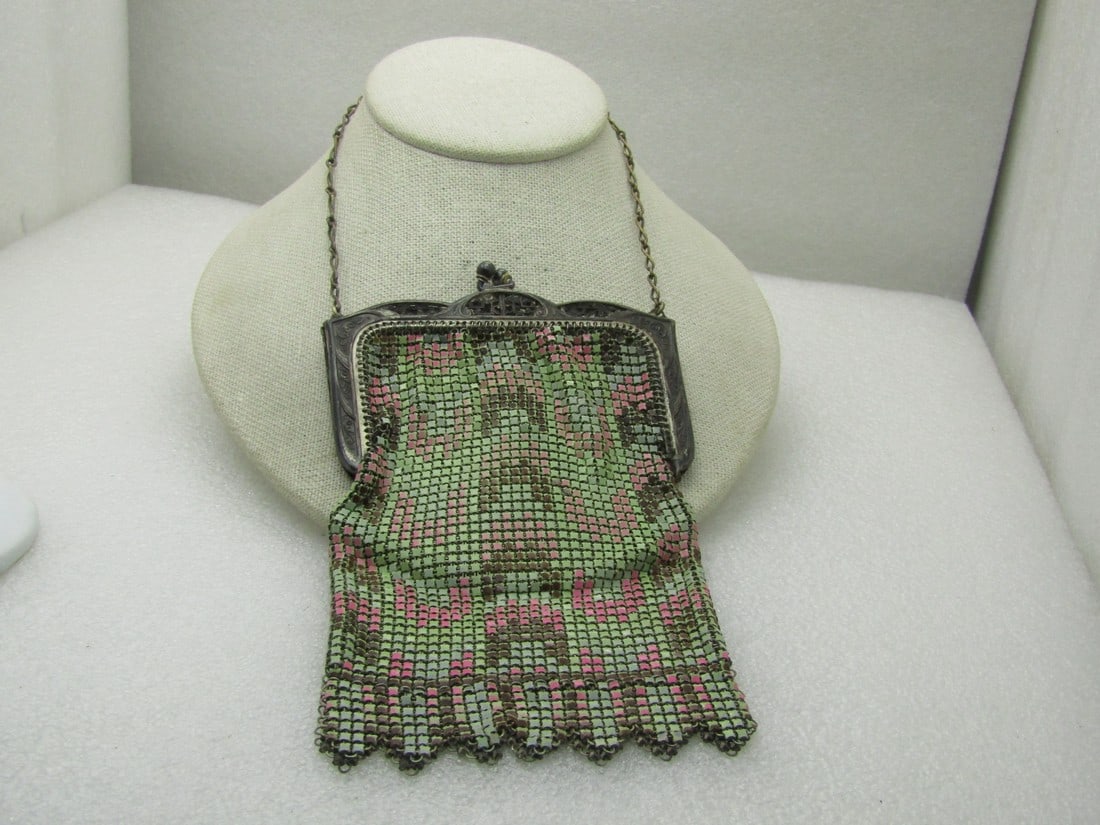 Vintage Whiting & Davis Enameled Mesh Purse, 1900, 6" plus strap (1 of 10)