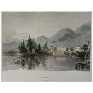 Antique engraving. Lake George (Caldwell). After W.H. Barlett. Engraved by S. Fisher (1840): Title: Caldwell (Lake George). Artist: after William Henry Bartlett (1809 – 1854) Engraver: Charles Cousen (c. 1819-1889). Description: hand coloured engraving. Date: 1840. Plate mark: 12x18 cm. She