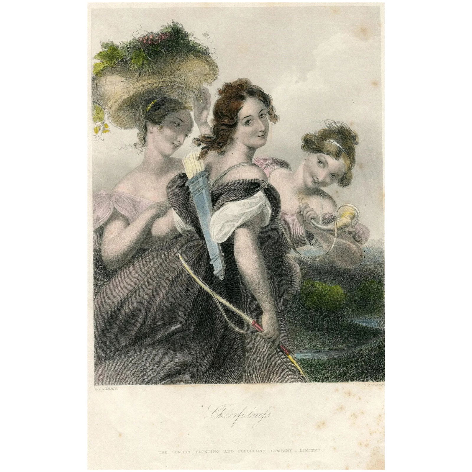 Cheerfulness, after E.T. Parris. H. Austen (1836): Title: Cheerfulness. Artist: after Edmund Thomas Parris (1793 – 1873). Engraver: H. Austen (1830- ). Description: Three women outdoors, one with archery equipment, looking over her shoulder to v