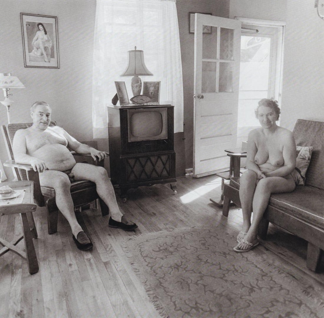 DIANE ARBUS - Retired man and his wife at home in a nudist camp one morning, NJ, 1963: Artist: DIANE ARBUS Print Title: Retired man and his wife at home in a nudist camp one morning, NJ, 1963 Medium: Medium: Authentic Vintage Photoengraving Printed 1970’s in the USA Image size (in
