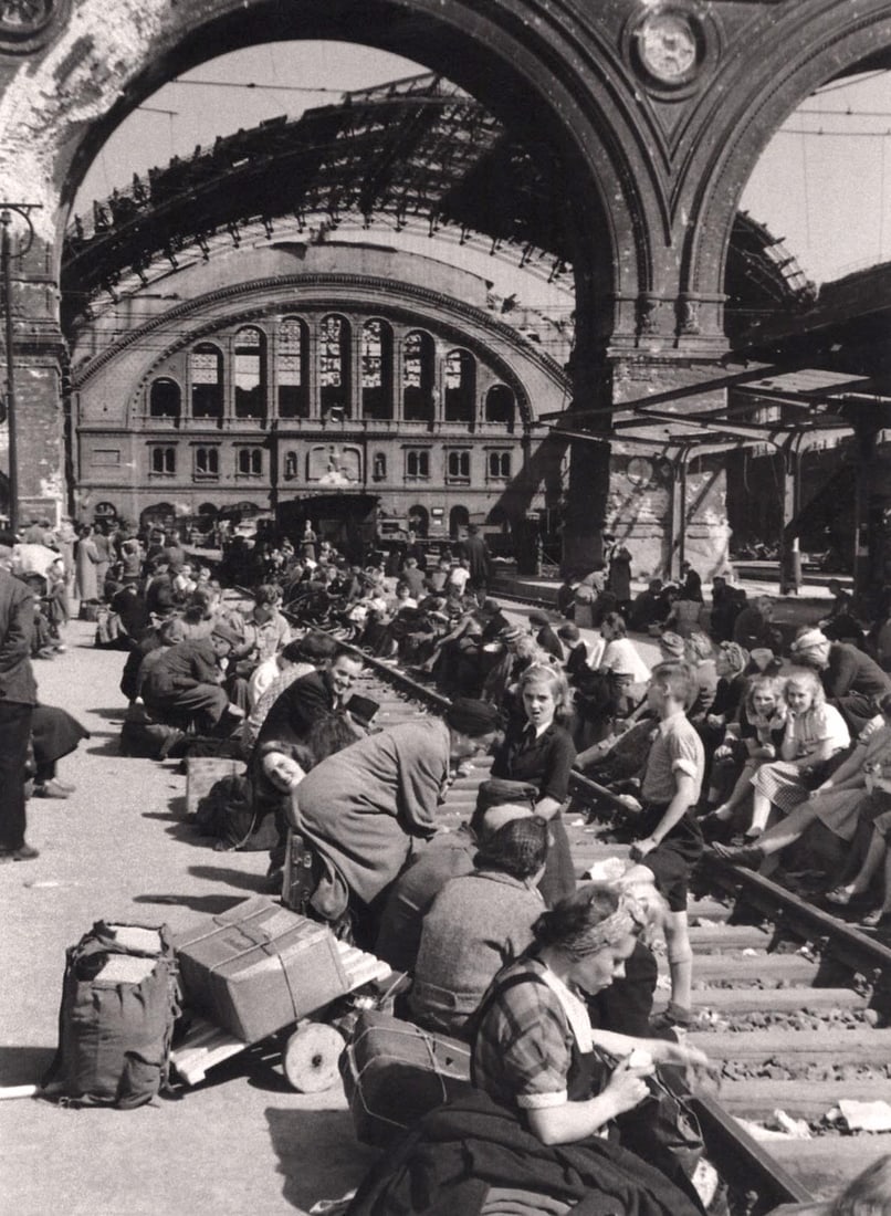 MARGARET BOURKE WHITE - Train Terminal, Berlin, 1945: Artist: MARGARET BOURKE WHITE Print Title: Train Terminal, Berlin, 1945, Anhalter Banhoff Printing Date: 2010s Medium:Duotone Photolithograph Printed in: the US Image Size approx: 10 x 7” Margar