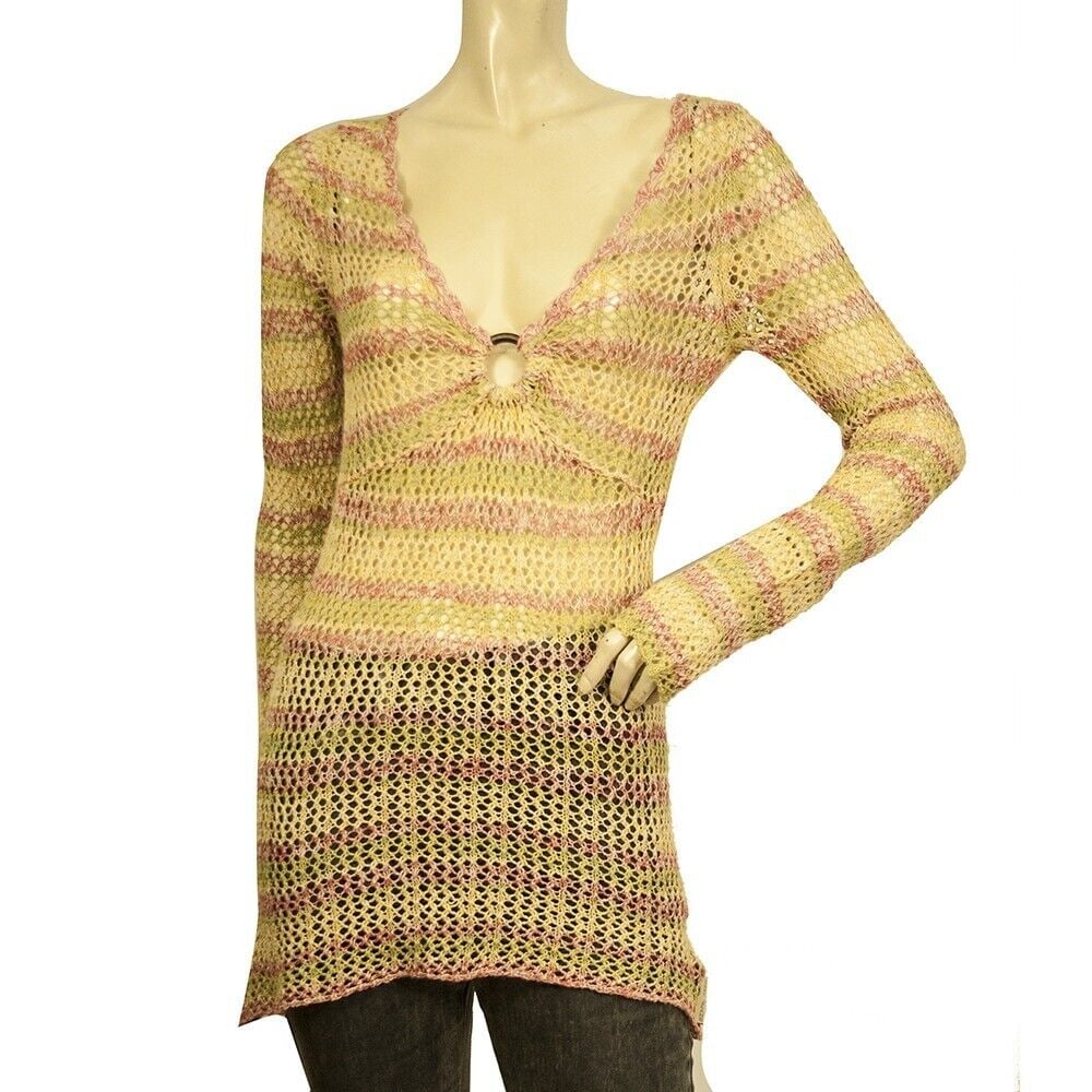 DKNY Jeans Multicolor Stripes Sheer Knit Long Top Cotton Ring Sweater size M: DKNY Jeans Multicolor Stripes Sheer Knit Long Top Cotton Ring Sweater size M This sooo feminine DKNY top features beautiful multicolor striped pattern in pale ( pink, yellow) colors, ring detail at th